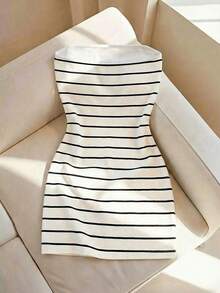 Vestido tubo ajustado de cuello redondo con estampado de rayas para mujer, primavera/verano - Multicolor - Ver 2