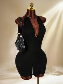 Amplova Đầm ngắn hở lưng họa tiết da rắn mới năm 2026, thiết kế gợi cảm dành cho phụ nữ. - màu đen - Xem 6