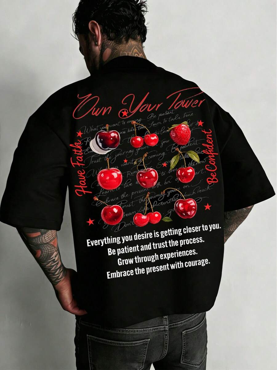 Manfinity EMRG Camiseta oversize vintage de hombre con estampado de cerezas, camiseta para festival de música - Negro - Ver 1