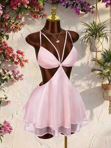Amplova Women's Elegant Hollow-Out Backless Spaghetti Strap Mini Dress, Summer - Pink - View 7