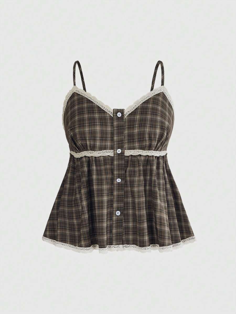ROMWE Cute Casual Vintage Collar Button Plaid Lace Trim Camisole For Women, Suitable For Summer Beach Vacation - Brown - View 1