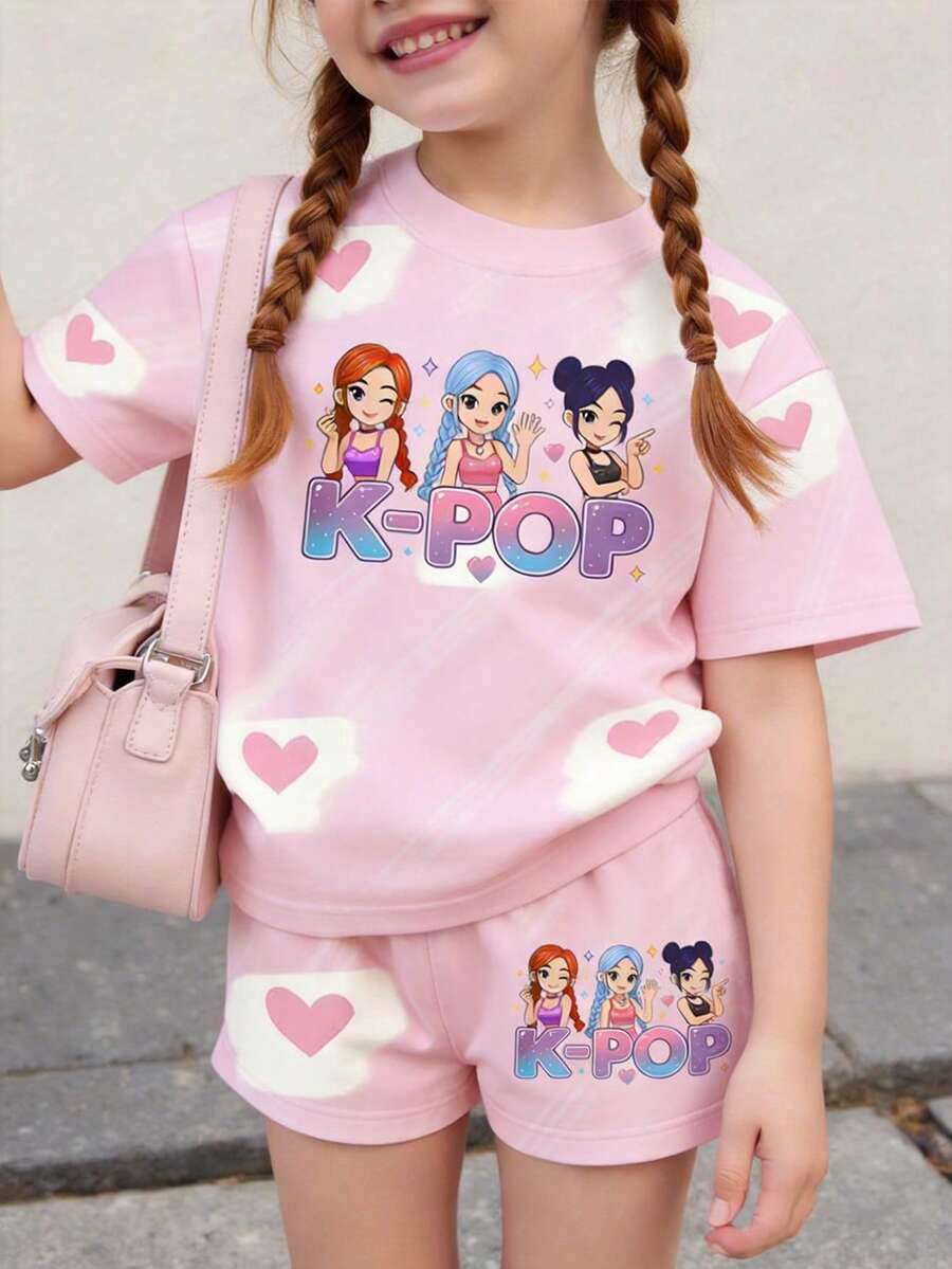2pcs/Set Tween Girl 3D Printed Short Sleeve Top And Shorts Set, Featuring Cute Girl Group Graphics, Logo And Heart Bubble Decor, Soft And Sweet Korean Style, Suitable For Summer Outings, Back To School, Comfortable And Fashionable Children's Clothing, Spring/Summer Casual Wear, Infant And Children Graphic Tees, Summer Youth Girl Clothes Kidz Girls Clothes Retro Outfit For Kids - Multicolor - View 1