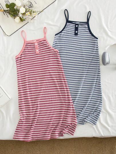 SHEIN Bộ 2 chiếc váy slip không tay dáng suông kiểu Hàn Quốc tối giản cho bé gái, chất liệu dệt kim gân co giãn, màu hồng và xanh navy, thoải mái mặc hàng ngày cho mùa hè.