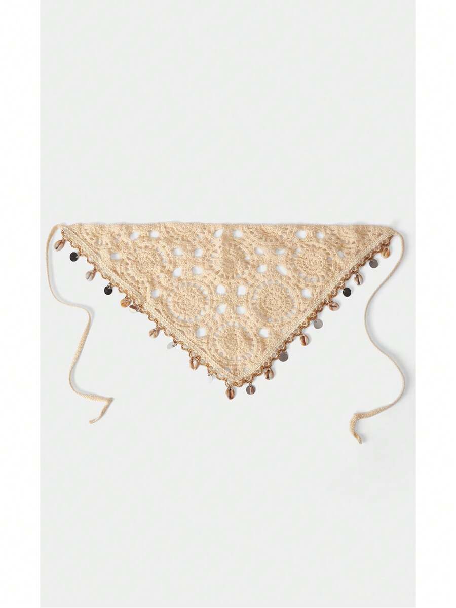 Noxbound 1 pieza Diadema de mujer de encaje calado con flores y conchas marinas con borlas en beige, adecuada para uso diario, deportes, playa, vacaciones, a juego con pañuelos para la cabeza, bufanda para el cabello, diadema de invierno, accesorios para el cabello de mujer - Beis - Ver 1