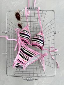 Swim Mod 2 pièces Ensemble de maillot de bain femme style vacances d'été, Top à col ras-du-cou avec imprimé rayé coloré et bordure rose, bas triangle avec liens sur les côtés - Multicolore - Voir 3