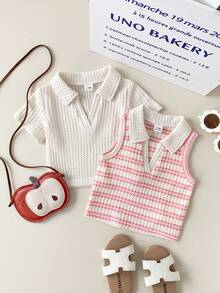 SHEIN Playful Pals Bộ 2 món áo croptop dệt kim gân cổ trái tay ngắn và không tay cơ bản cho bé gái, thích hợp cho mùa xuân/hè. - Nhiều màu - Xem 3