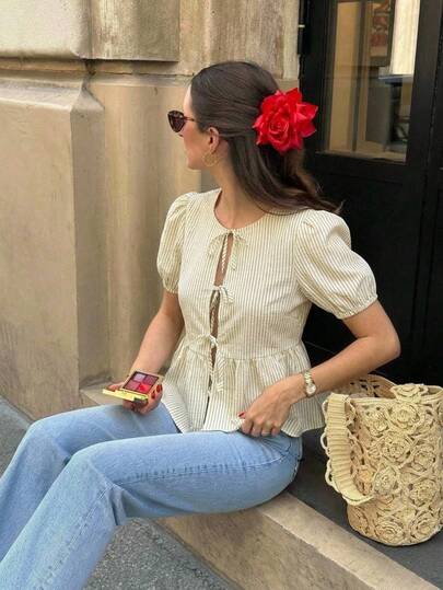 Serisse 女士圆领短袖衬衫，斑马纹系带泡泡袖衬衫，夏季女士可爱荷叶边V领修身泡泡袖上衣，休闲日常穿着，春夏动物纹印花休闲衬衫，短袖