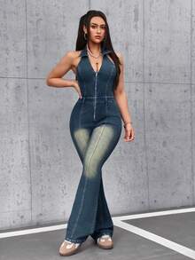 SHEIN Tall 女士拉链前开襟露背喇叭裤牛仔连体裤 - 藍色 - 查看 4