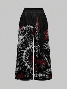 ROMWE Grunge Punk Punk Dark Goth Skeleton, Lotus, Thorn Print Wide Leg Pants For Women - Black - View 2