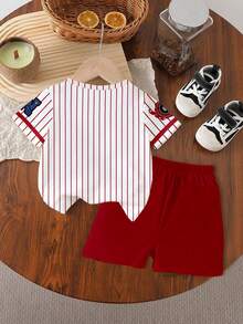 Spring And Summer 2-Piece Set: Baby Boys' Casual Fashionable Creative Personalized Refreshing Minimalist Numeric 92 Boston Badge Pentagram Red Stripe Pattern Letter Slogan Graphic Print Casual Basic Short T-Shirt And Shorts Set, Comfortable Daily Wear, Suitable For Spring And Summer - Multicolor - View 2