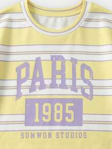 SUMWON Setelan Dua Potong Bergaris Kuning dan Ungu untuk Anak Perempuan dengan Motif Grafis Paris 1985 - Kuning - View 4