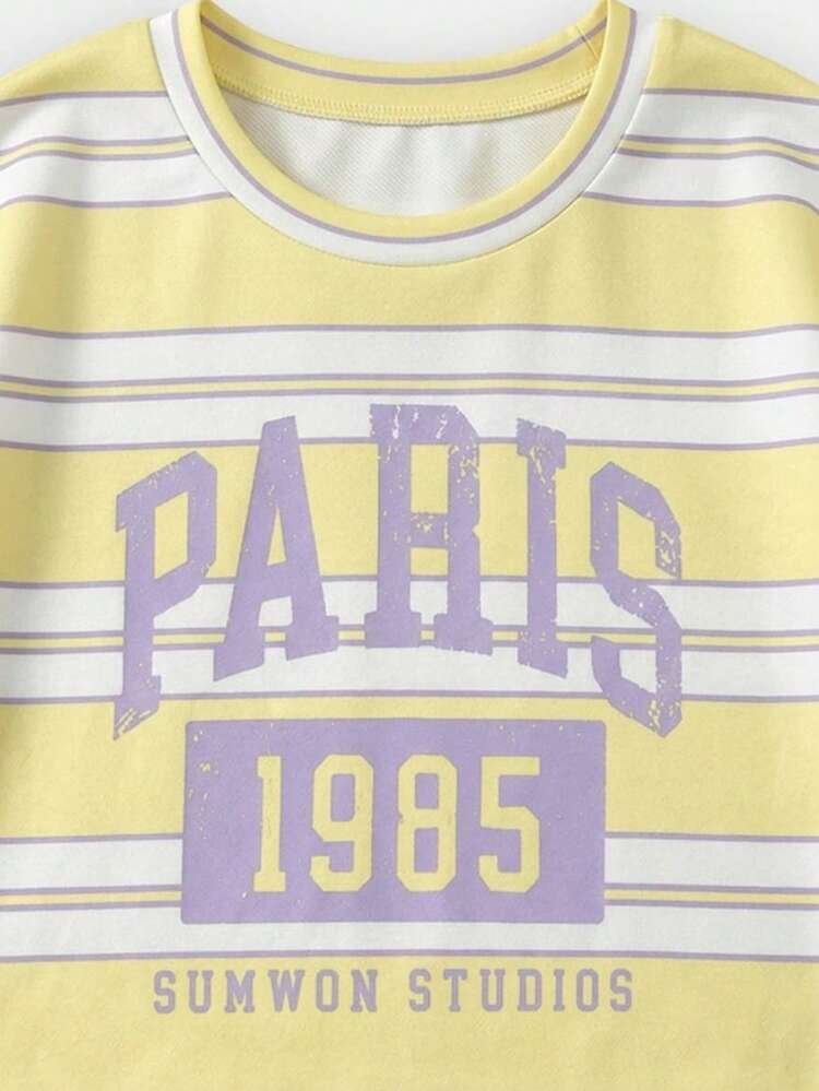 Girls Yellow And Purple Striped Two Piece Co-Ord Set With Paris 1985 Graphic Print Retro Outfit For Kids Young Girls Clothing Sets Recognition Outfit For Kids Ootd For Kids Papas Girl Outfit