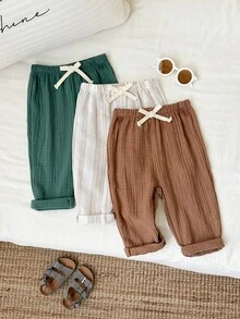 SHEIN 3 piezas Pantalones de crepé a rayas casuales para niño/niña, aptos para verano, primavera, otoño, paquete básico - Multicolor - Ver 3