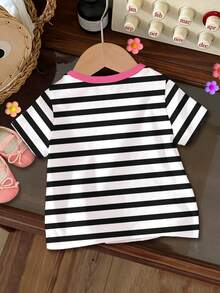 Cute Floral & Striped Pattern Young Girl Casual Minimalist Round Neck Short Sleeve T-Shirt, Suitable For Spring/Summer - Multicolor - View 2