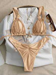 Swim Chiccia Starfish Accent Braided Triangle Bikini, Beige High Cut Two Piece Swimwear, Ruched Bathing Suit For Vacation - Khaki - View 1