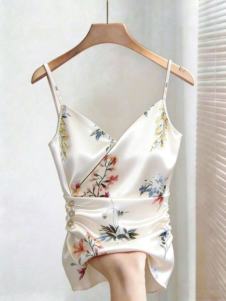 GlowEve Best-Selling Floral Print Vacation Camisole With Ruched Waist Detail, Slimming White Satin Summer Tank Top - White - View 1