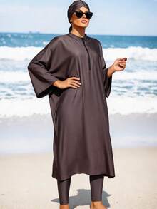 Swim Mulvari 女士宽松纯色蝙蝠袖连体泳衣，带防晒功能，夏季 - 藕粉色 - 查看 1