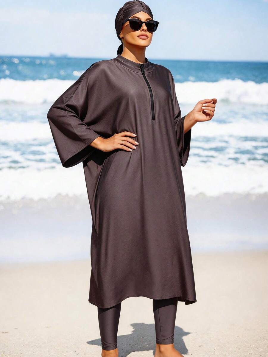 Swim Mulvari 女士宽松纯色蝙蝠袖连体泳衣，带防晒功能，夏季 - 藕粉色 - 查看 1