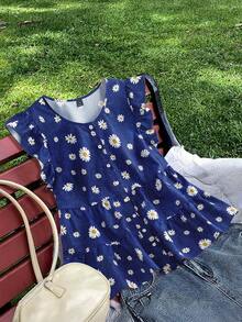 Flirla Plus Size Women Commuting Gym Vacation Daisy Cap Sleeve Blouse Brown Summer - Multicolor - View 1