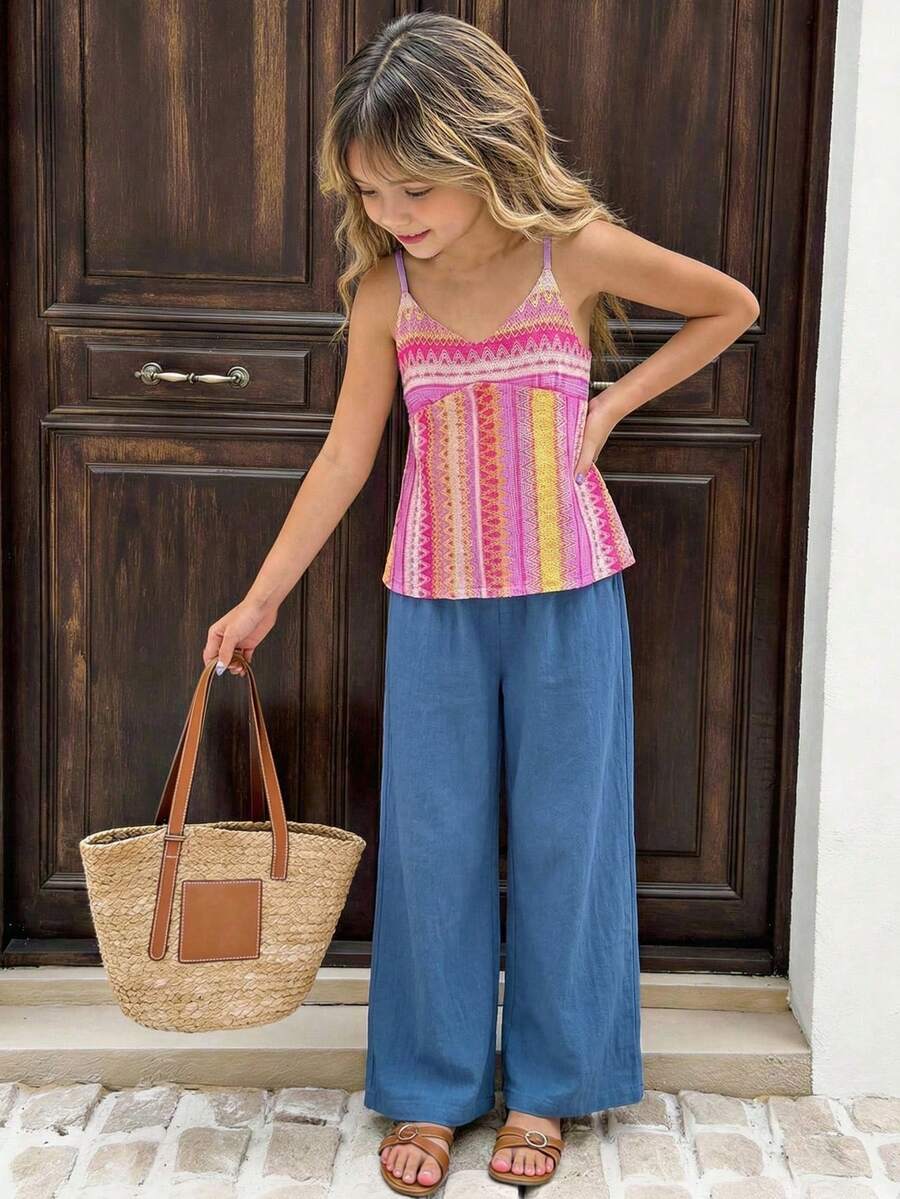 SHEIN 少女度假无袖V领休闲上衣,几何复古图案纹理面料,适合音乐节、波西米亚风、假日、下午茶等场合。 - 彩色 - 查看 1