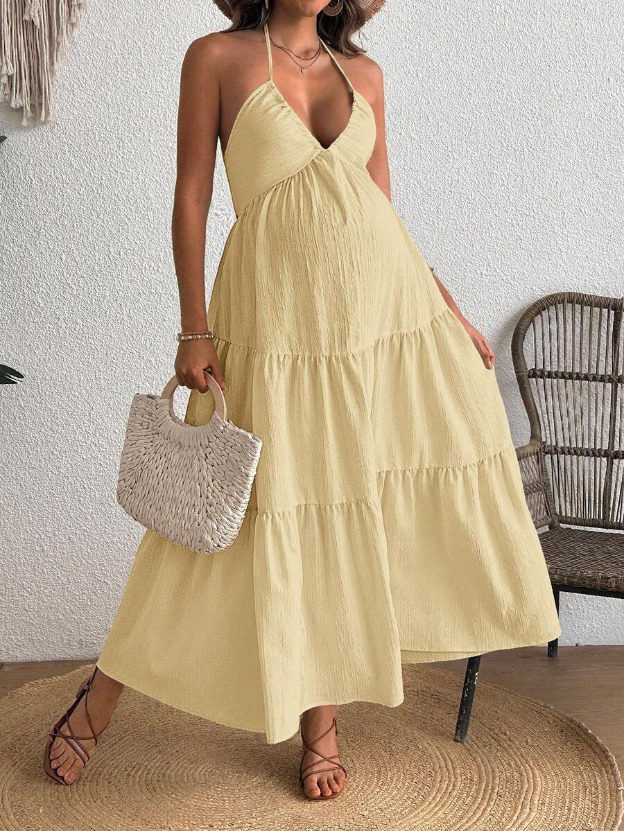 Cheriluna Maternity Vestido de maternidad cómodo con cuello halter, espalda descubierta y volantes en el bajo - Amarillo - Ver 1