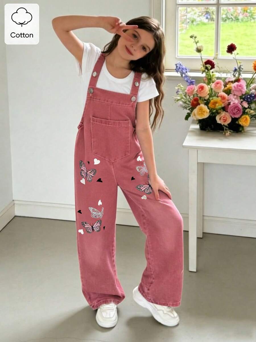 SHEIN Tween Girls' Summer Casual Back-To-School Dusty Pink Denim Jumpsuit,Cute Butterfly Print Metal Button Strap Long Pants,School Vintage Overalls