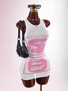 Amplova Vestido mini ajustado transparente con estampado de rostros y labios - Multicolor - Ver 4