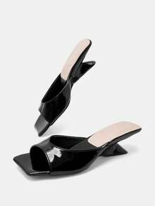 Women's Black Square Toe High Heel Slip-On Sandals, Casual Versatile Open Heel Mules - Black - View 7