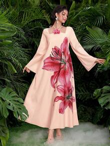 Al Najma Đầm maxi Thổ Nhĩ Kỳ dài tay cổ yếm màu vàng in họa tiết hoa 3D thanh lịch lãng mạn dành cho nữ mùa xuân/hè và áo abaya truyền thống Ả Rập. - Hồng - Xem 7