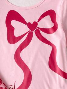 2 Pieces Tween Girl Round Neck Short Sleeve Shorts Summer Pink Cute Bow Print Pajamas Sleepwear Loungewear Set, Sweet Home Wear Casual Loose Fit - Pink - View 6
