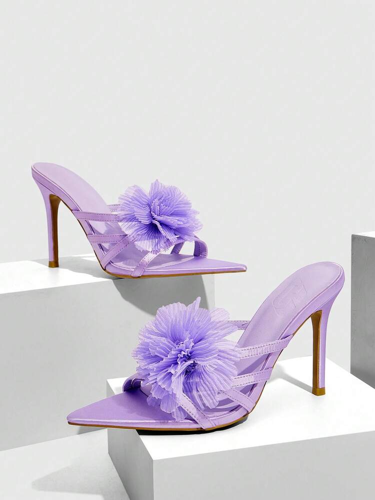 CUCCOO SZL Women Shoes Purple Satin Satin Color Matching Flower Sweet Sexy Street Fashion Stiletto Pointed Sandals