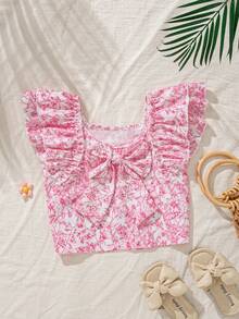 Elladie kids Young Girl Pink Floral Print Blouse,White,Summer,Holiday Ruffled Flutter Sleeve Top With Oversized Bow Back,French Cottagecore Square Neck Beach Shirt - Hot Pink - View 2