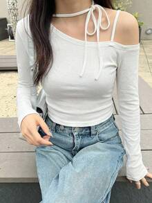 FRIFUL 女士不对称领口长袖波点抽绳系肩修身休闲T恤，秋季款 - 白色 - 查看 5