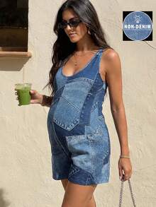 SHEIN Mono holgado de maternidad con cuello de pico, bolsillos en diagonal y estampado total, sin mangas - Azul - Ver 1