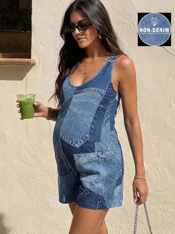 SHEIN Maternity Jumpsuit Blue Denim Print,Round Neck Slanted Pockets Sleeveless Fitted Style,Summer Smart Casual Pregnancy Met Gala Vacation All-Over Print