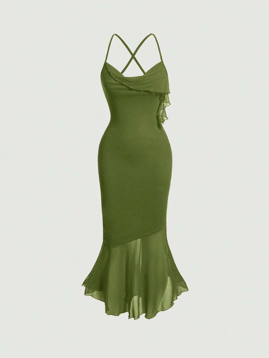 SHEIN MOD Crisscross Backless Swing Collar Ruffle Trim Mermaid Hem Green Cami Dress - Army Green - View 1