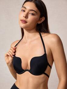 Veilyse 1pc Women Solid Color Backless Halter Neck Brafor Summerfor Summer - Black - View 4
