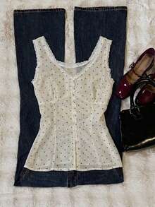 Airaco 女士波点印花纽扣设计休闲背心 - 杏色 - 查看 1