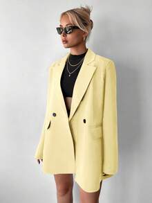 Ritzy Row Blazer Wanita Kasual Ukuran Besar dengan Bantalan Bahu, Panjang Sedang, Kancing Ganda - Kuning muda - View 5