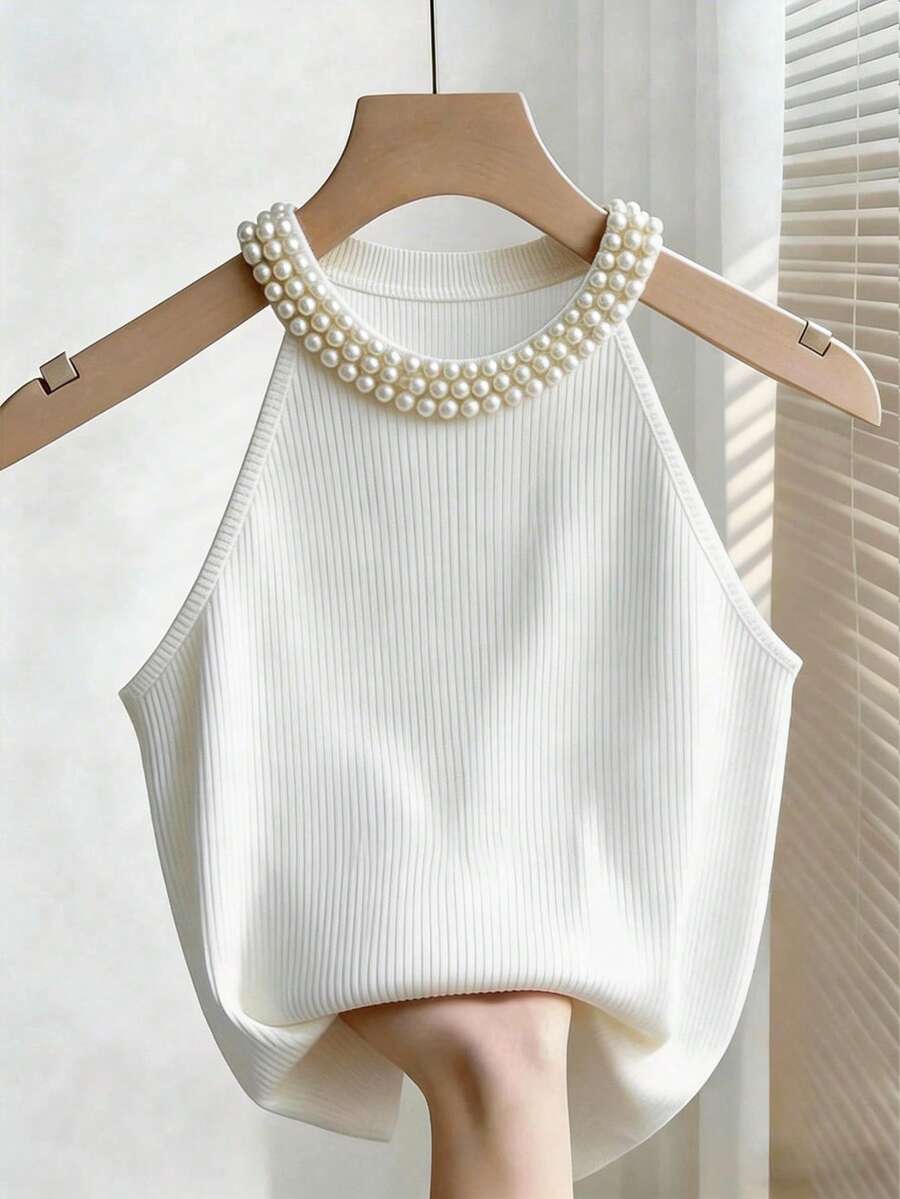GlowEve Women's Elegant Pearl Halter Neck Ribbed Knit Tank Top, Sleeveless Slim Fit Cropped, White Solid Color Fitted Basic Top For Daily Date Wear Summer - White - View 1