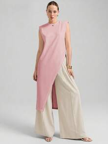 Ontre Bộ jumpsuit không tay phối màu dành cho nữ năm 2026, phong cách tối giản, trang phục công sở thường ngày, lấy cảm hứng từ thời trang Stockholm, phù hợp với giáo viên. - Hồng - Xem 2