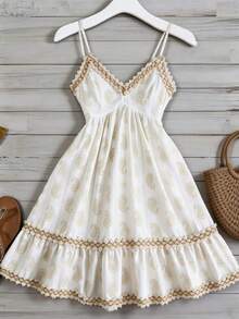 Franclia Vintage Cashew Flower Strap White Dress,Retro Lace Patchwork V-Neck Waist A-Line Summer Boho Holiday Vacation Holiday Skirt,Elegant Lady Vacay Outfits - Apricot - View 3