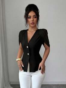 SHEIN Elenzya Áo blazer nữ thanh lịch, lãng mạn, dáng ôm sát, cổ chữ V, xếp ly và thắt eo. - màu đen - Xem 4