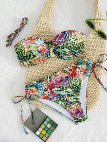 Swim Vcay Tropical Floral Print Spaghetti Strap Ruched Bust Bandeau Bikini Swimsuit Set, For Summer Vacation - Multicolor - View 4
