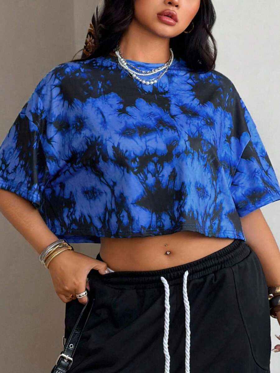 Coolane 大码女式夏季休闲扎染印花 T 恤 - 寶藍色 - 查看 1
