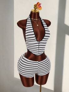 Amplova Textured Striped Halter Neck Backless Deep V-Neck Sleeveless Bodycon Shorts Two Pieces Casual Vacation Outfit - Black and White - View 6