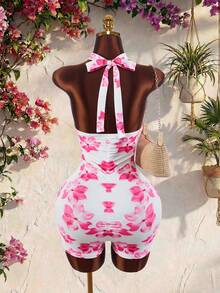 Amplova Bộ jumpsuit ngắn ôm sát họa tiết hoa lan xanh, thích hợp cho kỳ nghỉ xuân sớm 2026, dự tiệc và các buổi tụ họp. - Hồng - Xem 7