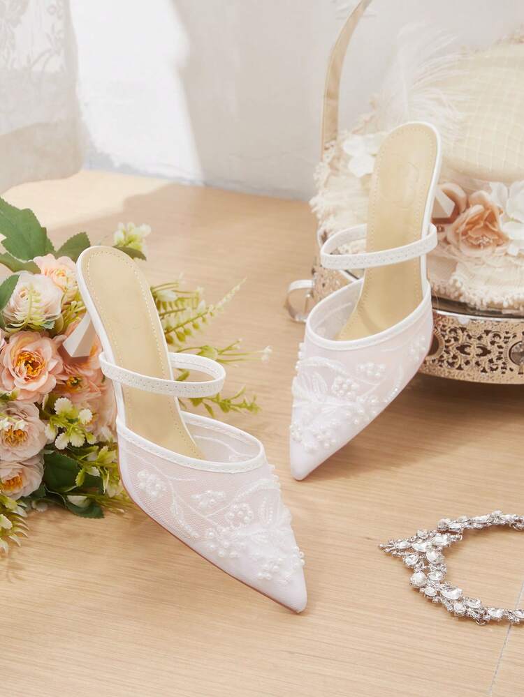 CUCCOO HITCHD Pointed New Breathable Hollow Electric Embroidery Beaded Fashion Versatile Temperament Elegant Sexy Fairy White High Heels