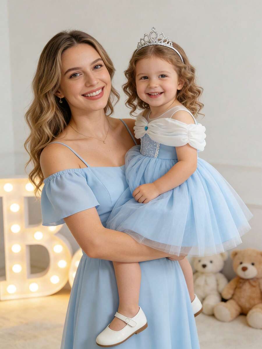 Glamorique Kids 女嬰淺藍色與白色優雅生日禮服，夏季亮片拼接愛心網紗公主芭蕾舞裙，幼兒正式婚禮派對禮服 - 藍色 - 查看 1