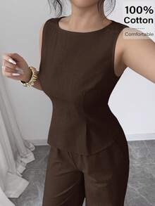 Siren Gaze 女士纯色露背无袖上衣和裤子休闲两件套 - 咖啡棕 - 查看 4